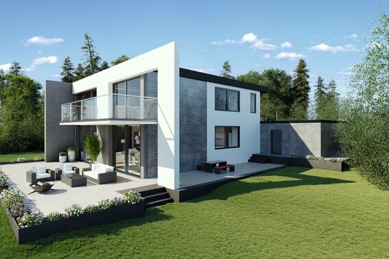 Haus mit einer Terrasse, Balkon und Garage | © Gutjahr Systemtechnik